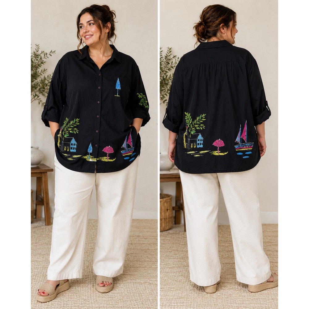 Copa Cabana Button Down Shirt Womens 5X Black Beach Nautical Puff Print AN141X